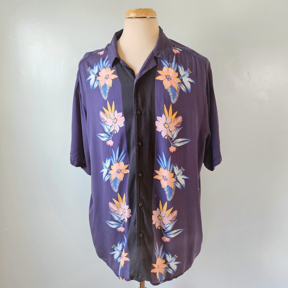 Only & Sons Mens XXL Floral Button Down Shirt Purple Black Viscose Hawaiian